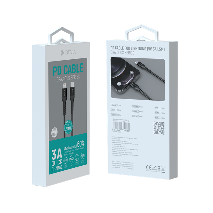 Devia - 1.5m (3A) Mesh Armour USB-C to Non-MFi Lightning Cable - Black