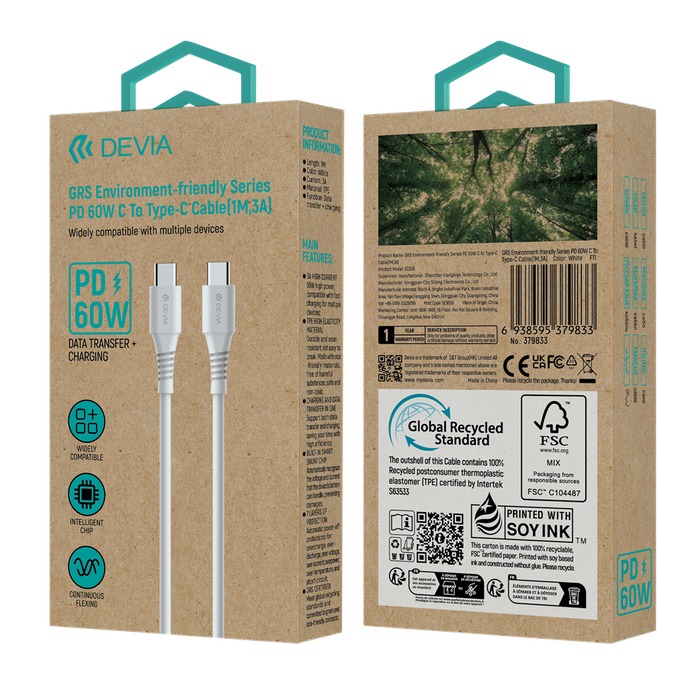 Devia - 1.2m GRS Biodegradable (60W) Power Delivery - USB-C to USB-C Cable - White