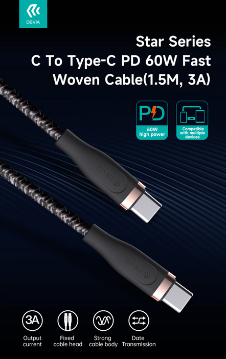 Devia - 1.5m (60W) Power Delivery Woven Gold Plated USB-C to USB-C Cable - White