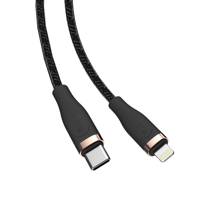 Devia - 1.5m (27W) Power Delivery Woven Gold Plated USB-C to Non-MFI Lightning Cable - Black