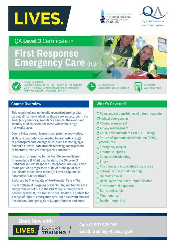 QA Level 3 Certificate in First Response Emergency Care ( RQF) - The Emergency  Services Show 2024