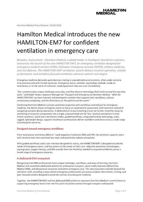 Hamilton Medical introduces the new HAMILTON-EM7 for confident ventilation in emergency care