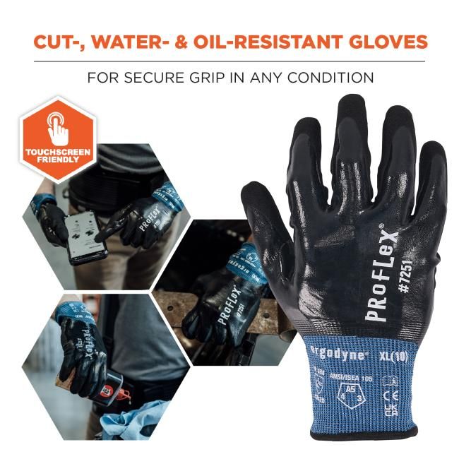 ProFlex 7251 Fully Coated Nitrile Cut-Resistant Gloves - ANSI/ISEA 105-2016 A5, EN 388 4X42D, Water-Resistant, 21g