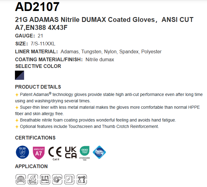 21G ADAMAS anti cut coating Nitrile Gloves ANSI CUT A7,EN388 4X43F