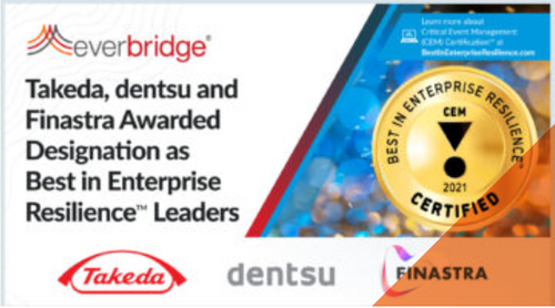 Takeda, dentsu and Finastra Awarded Designation as Best in Enterprise Resilience™ Leaders as Part of Everbridge’s Global Critical Event Management (CEM) Certification Program