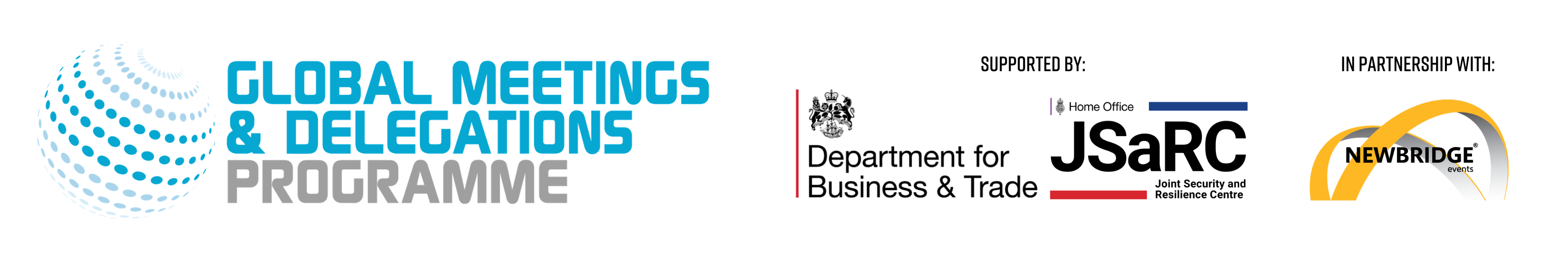 Global Meetings & Delegations Programme logo, supported by Department for Business and Trade, JSaRC, in partnership with Newbridge