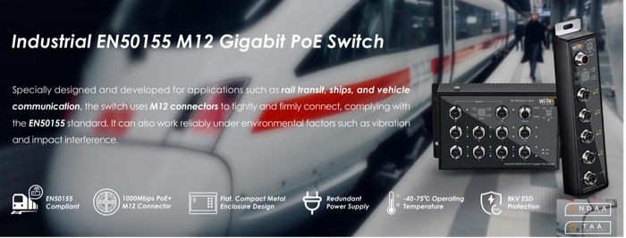 Industrial EN50155 M12 Gigabit PoE Switch