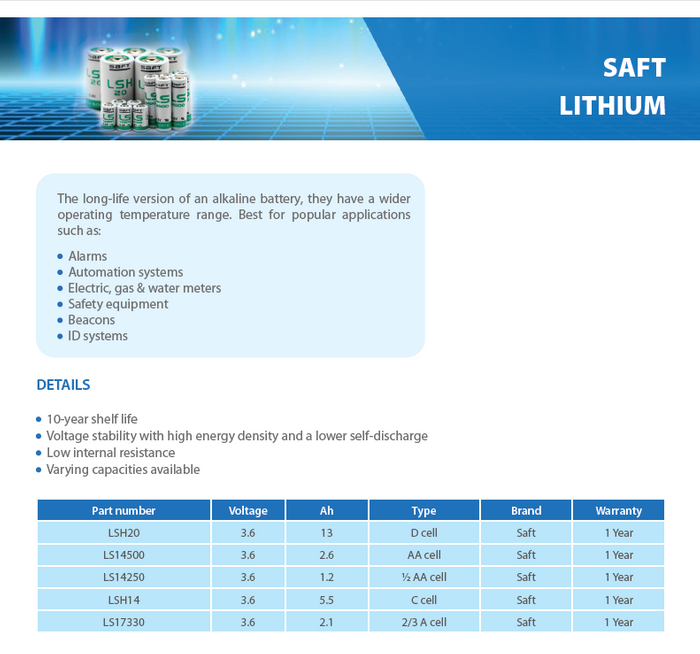 Saft Lithium Batteries (For alarms, automation systems, ID systems, beacons, gas & water meters, safety equipment)