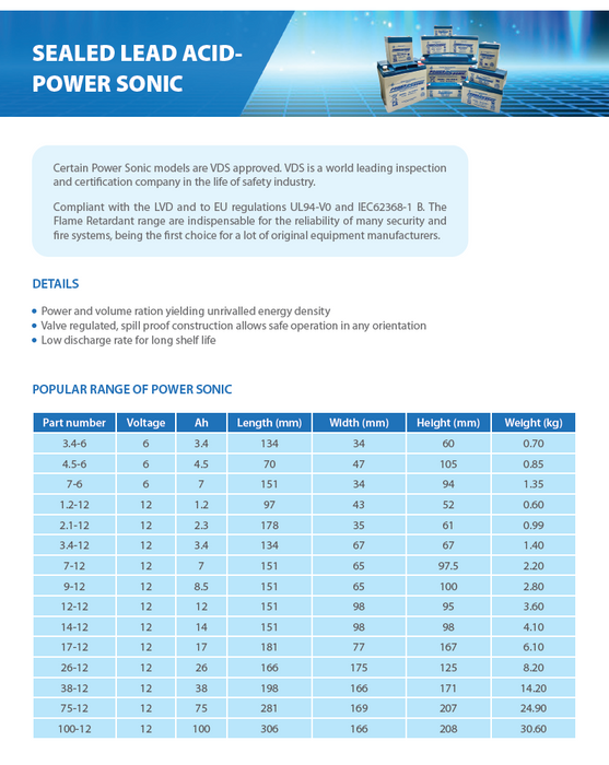 Power Sonic Sealed Lead Acid Batteries (For fire systems, access control, UPS and more)