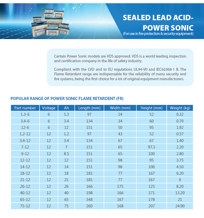 Power Sonic Sealed Lead Acid Batteries (For fire systems, access control, UPS and more)