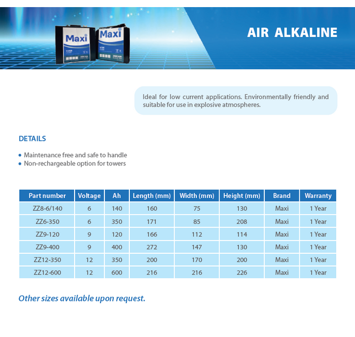 Air Alkaline Batteries by Maxi (Non-rechargeable option for towers)