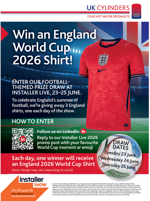 Celebrate Englands summer of football - Enter our competition during each day of Installer Show for a chance to win an England football shirt!