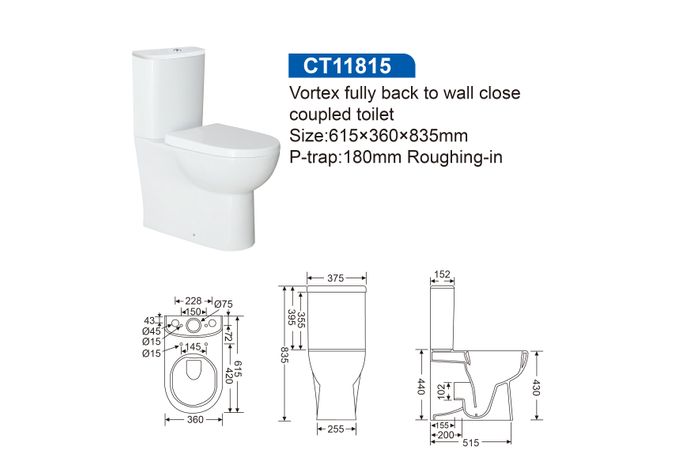 CT2214V Vortex Two-Piece Toilet 640mm D-Shape Tornado Flush Back-to-Wall Toilet
