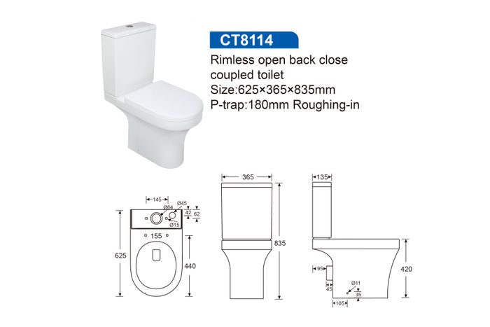 Floor Mounted Rimless WC Toilet | Ceramic Toilet Bowl Sanitary Ware Supplier Close Coupled WC Rimless - Open Back