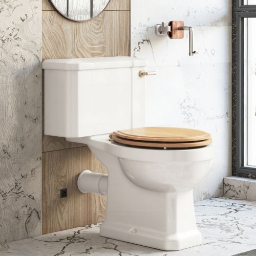 Sunrise Vintage British Toilet WC Close Coupled Traditional Toilet with Beech Toilet Seat