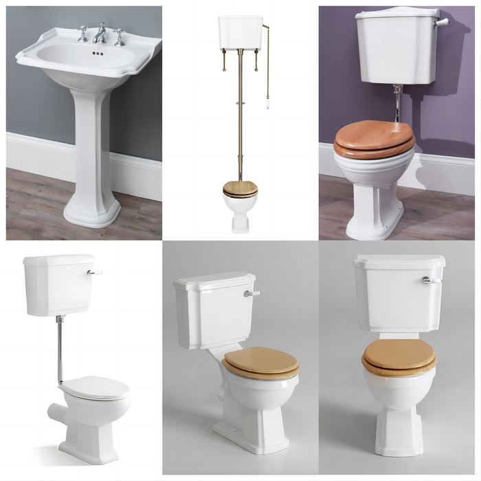 Sunrise Vintage British Toilet WC Close Coupled Traditional Toilet with Beech Toilet Seat