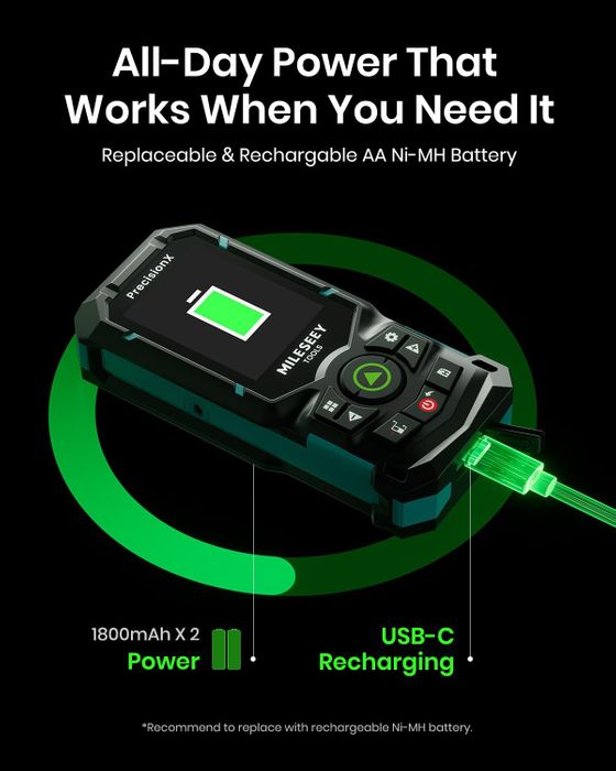 MILESEEY S50 Green-Beam Laser Distance Measure - 400ft Laser Measure, P2P, Side-Laser Alignment, Rechargeable, 2.4