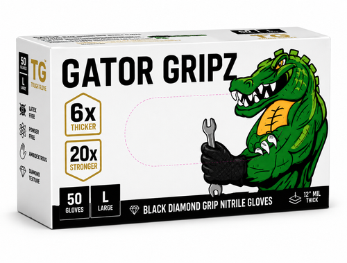 Tough Glove Gator Gripz Black – Heavy-Duty Black Diamond Grip Nitrile Gloves for Installers, Mechanics & Trades