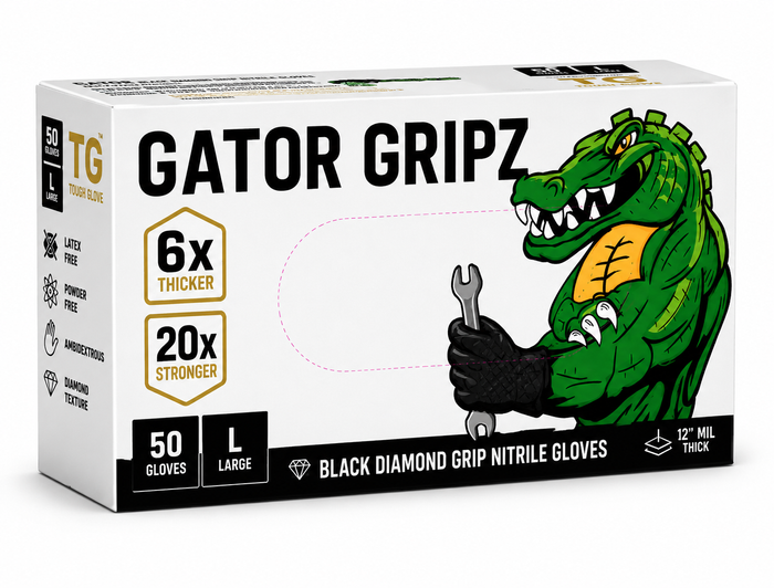Tough Glove Gator Gripz Black – Heavy-Duty Black Diamond Grip Nitrile Gloves for Installers, Mechanics & Trades