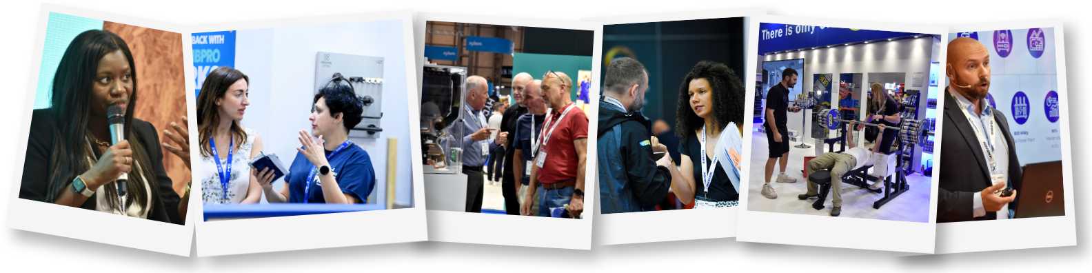 A collage of images featuring various individuals at an event. The first image shows a woman speaking into a microphone. The second image depicts two women engaged in conversation. The third image captures a group of people interacting, while the fourth shows two people discussing something, and the fifth features individuals participating in an exercise demonstration. The final image includes a man speaking, possibly at a podium or conference setting.