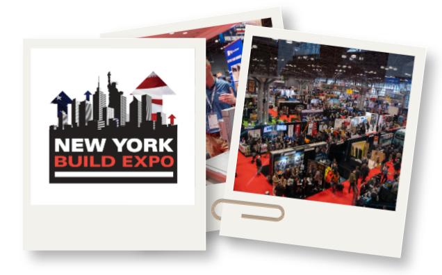 new york build expo logo and birds eye view photo of busy stands