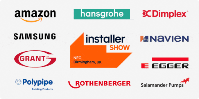 Logos of various companies including Amazon, hansgrohe, Dimplex, Samsung, Navien, Grant, E.G.G.E.R., Polypipe, Rothenberger, and Salamander Pumps. The Installer Show logo is prominently displayed with the location "NEC Birmingham, UK."