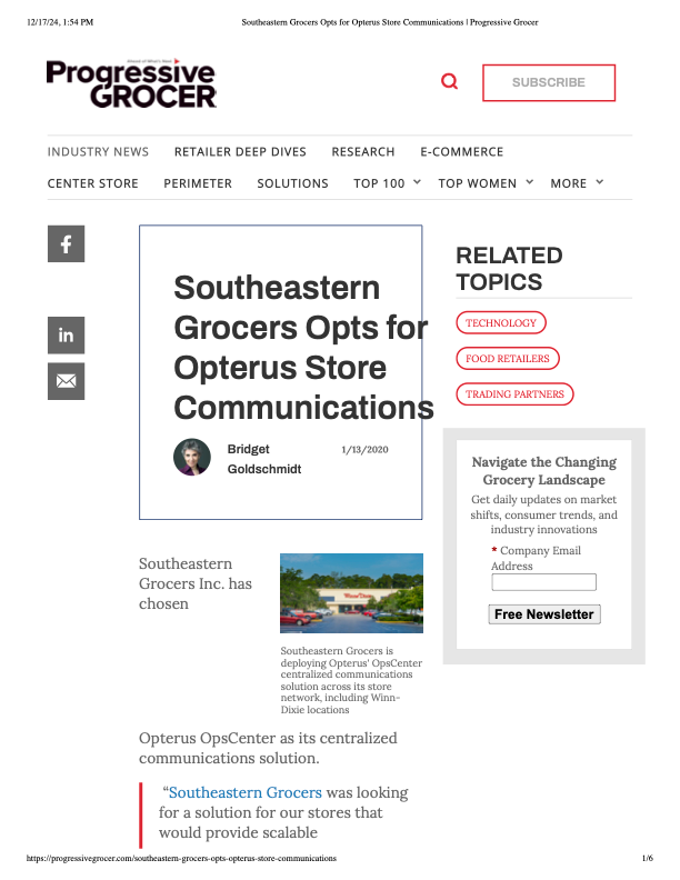Southeastern Grocers Opts for Opterus Store Communications