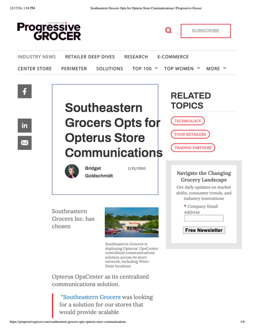 Southeastern Grocers Opts for Opterus Store Communications