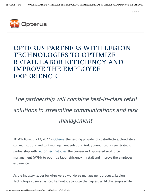 OPTERUS PARTNERS WITH LEGION TECHNOLOGIES TO OPTIMIZE RETAIL LABOR EFFICIENCY AND IMPROVE THE EMPLOYEE EXPERIENCE