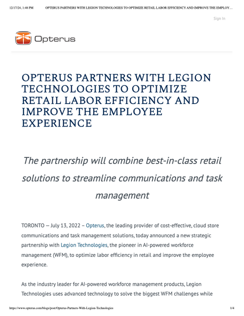 OPTERUS PARTNERS WITH LEGION TECHNOLOGIES TO OPTIMIZE RETAIL LABOR EFFICIENCY AND IMPROVE THE EMPLOYEE EXPERIENCE