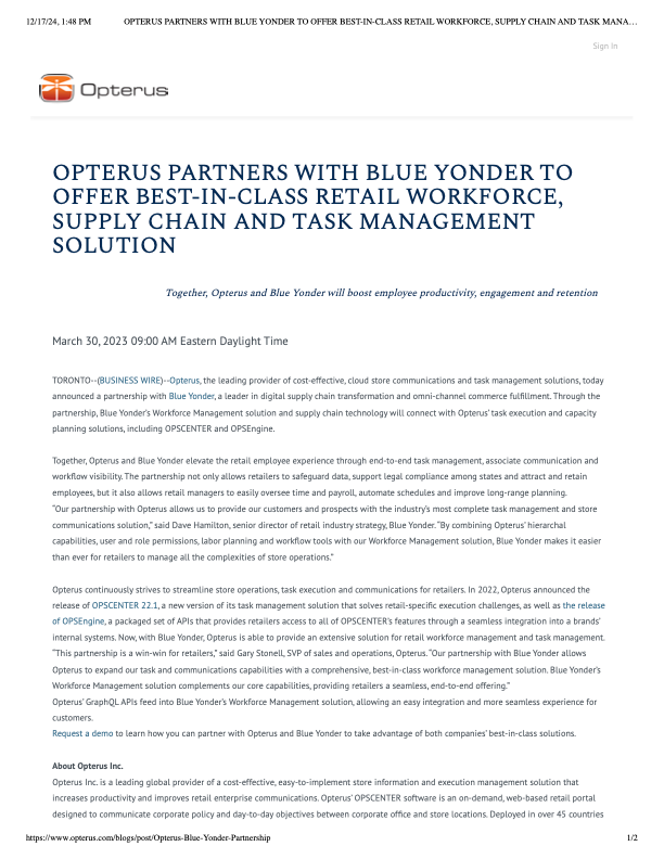 OPTERUS PARTNERS WITH BLUE YONDER TO OFFER BEST-IN-CLASS RETAIL WORKFORCE, SUPPLY CHAIN AND TASK MANAGEMENT SOLUTION