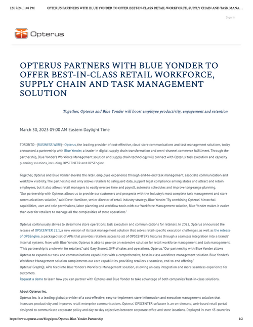 OPTERUS PARTNERS WITH BLUE YONDER TO OFFER BEST-IN-CLASS RETAIL WORKFORCE, SUPPLY CHAIN AND TASK MANAGEMENT SOLUTION