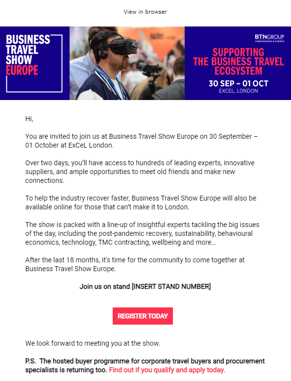 Email Template To Be Updated With New Email And Tracking Link Business Travel Show Europe 22