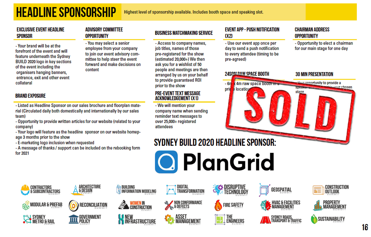 SOLD - Headline Sponsor Plangrid