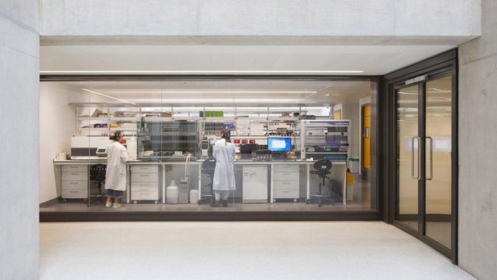 The Zayed Centre for Research into Rare Disease in Children features street-level glazing that allow people walking past to peer into its laboratories