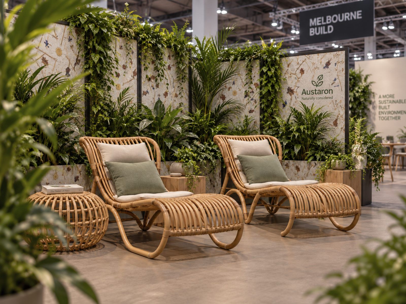 Rendering of Austaron Organoid pressed-flower panels behind rattan loungers