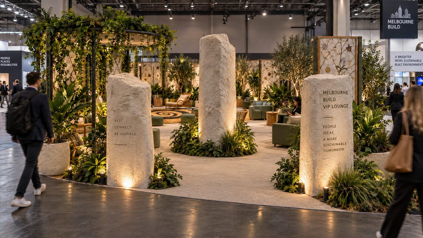 Rendering of the VIP and Speakers Lounge entrance with three U-Stucco monoliths