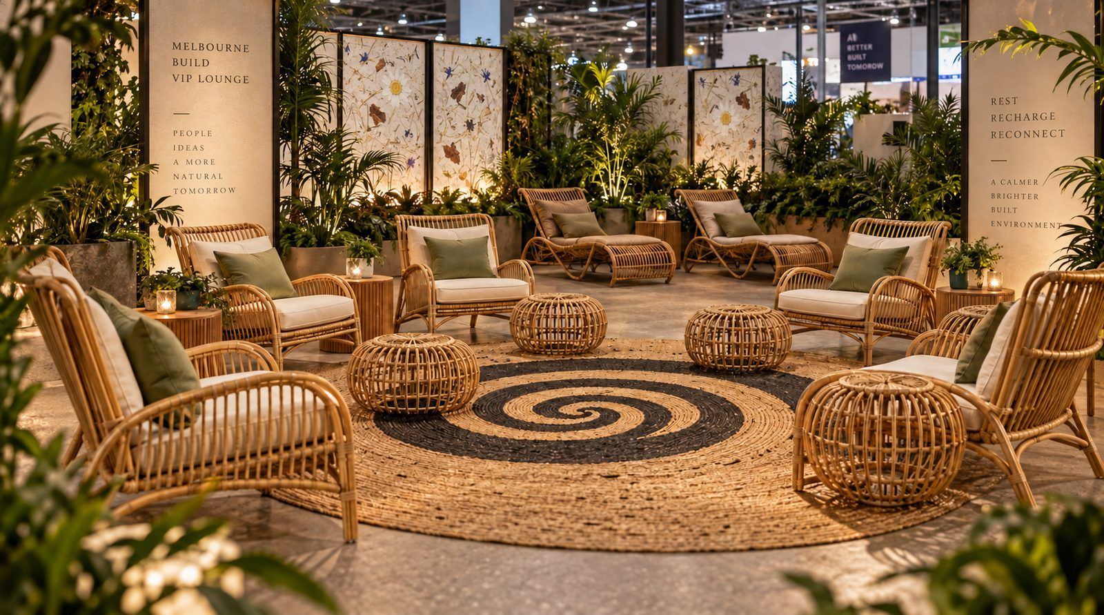 Rendering of the Golden Spiral rug and rattan seating inside the VIP and Speakers Lounge