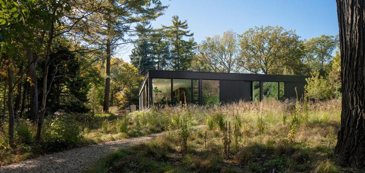 American studio Wheeler Kearns Architects has completed a single-storey residence on a wooden site outside of Chicago which features black facade and large windows that engage the landscape