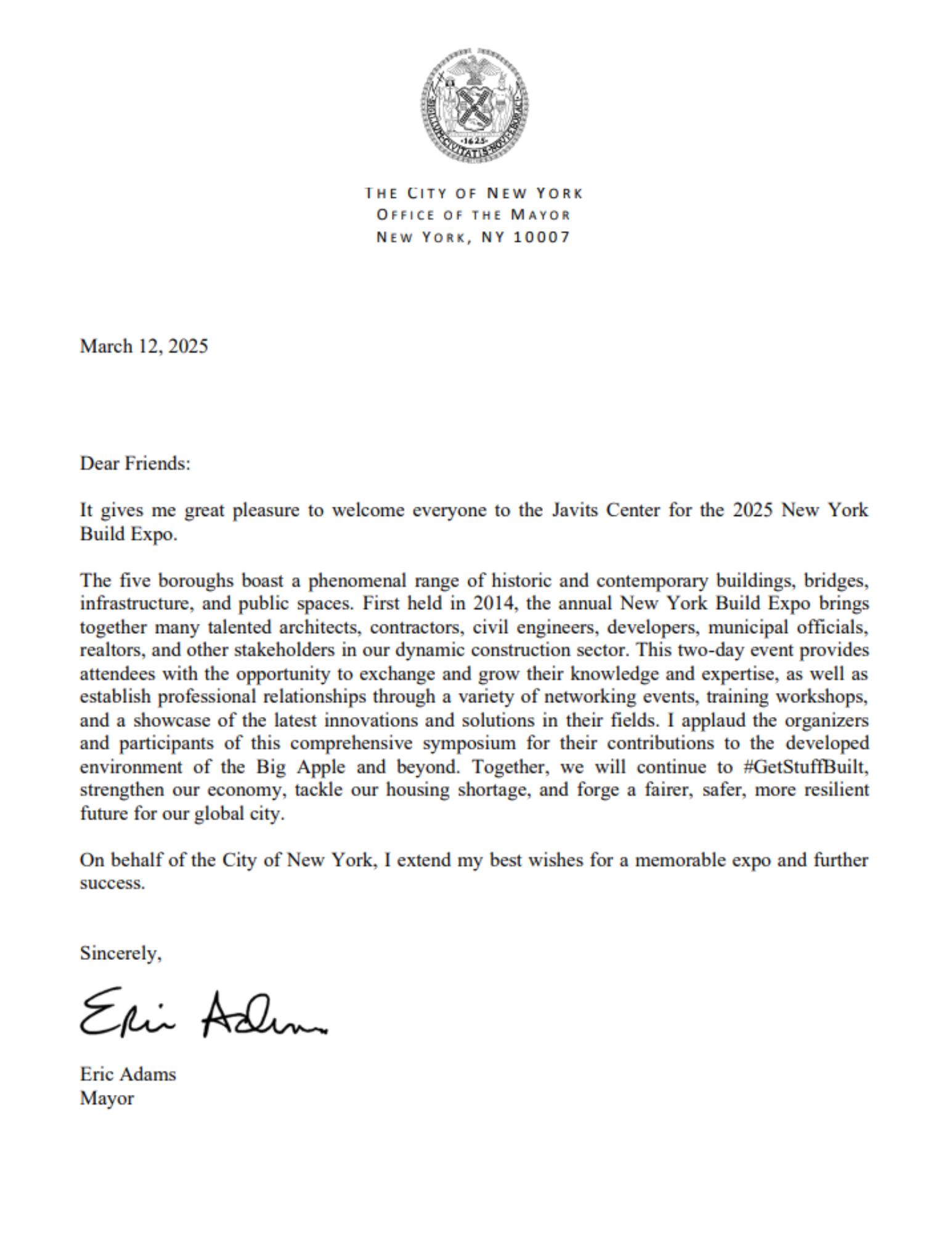 Letter of Support from Mayor Eric Adams