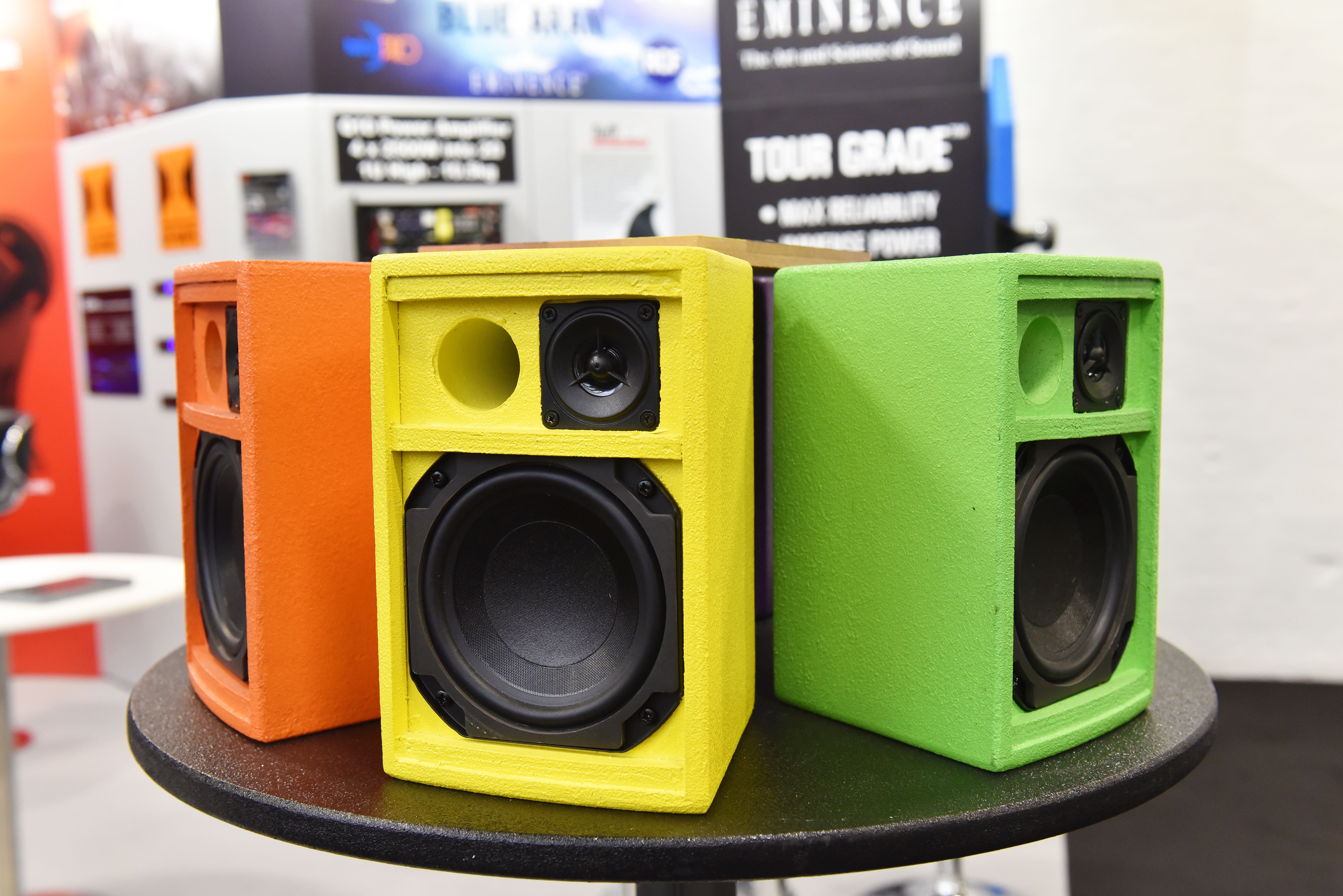 Multi-coloured studio monitor speakers at PLASA Show in London