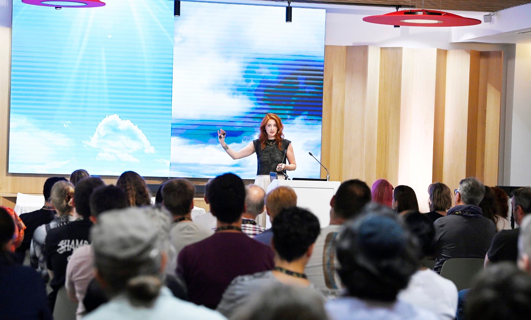 ginger woman speaking to a seminar audience