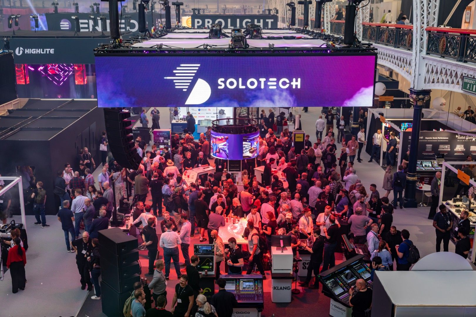 Busy Solotech stand surrounded by visitors at PLASA Show London 2025
