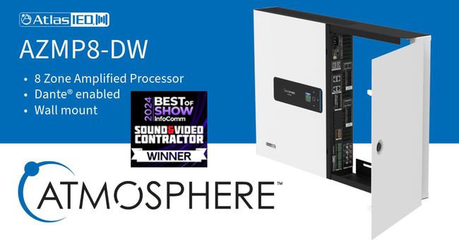 Atmosphere™ 8-Zone Signal Processor with 1200-Watt Amplifier and Dante in an all-in-one wall mount cabinet