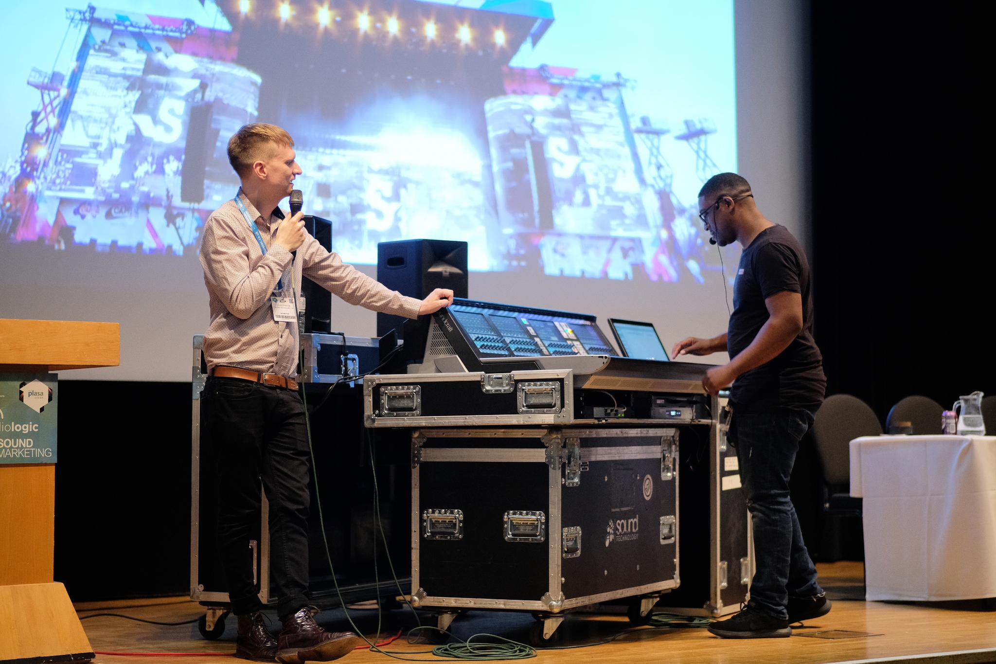 Raphael Williams at PLASA Focus Leeds presenting how he did the live sound engineering for Stormzy headliner set at Glastonbury 2019