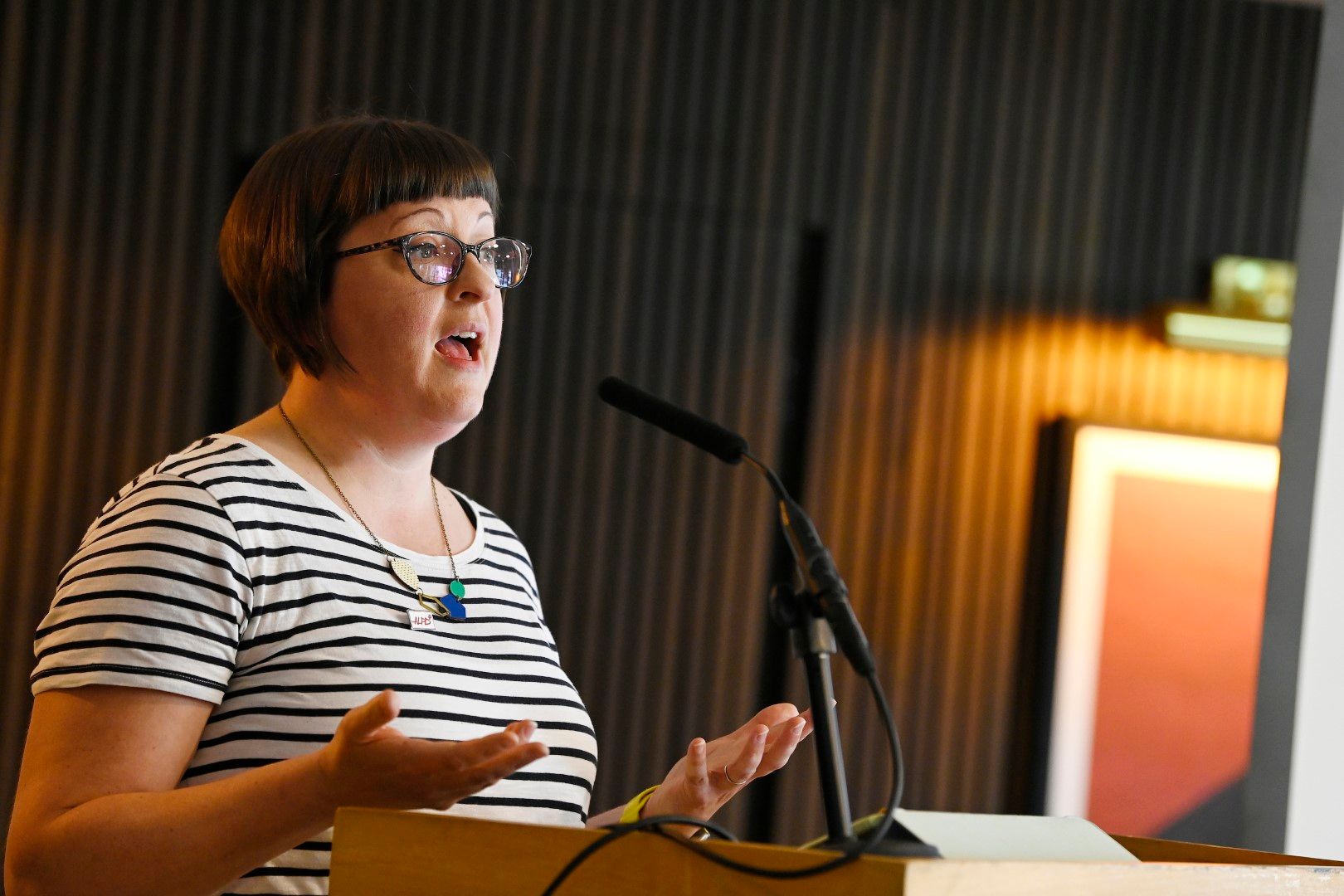 Female speaker talking to audience PLASA Focus Leeds 2024