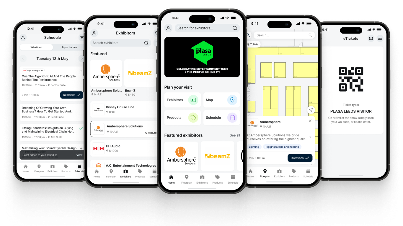 smartphone view of the plasa focus leeds show app homepage and exhibitor pages
