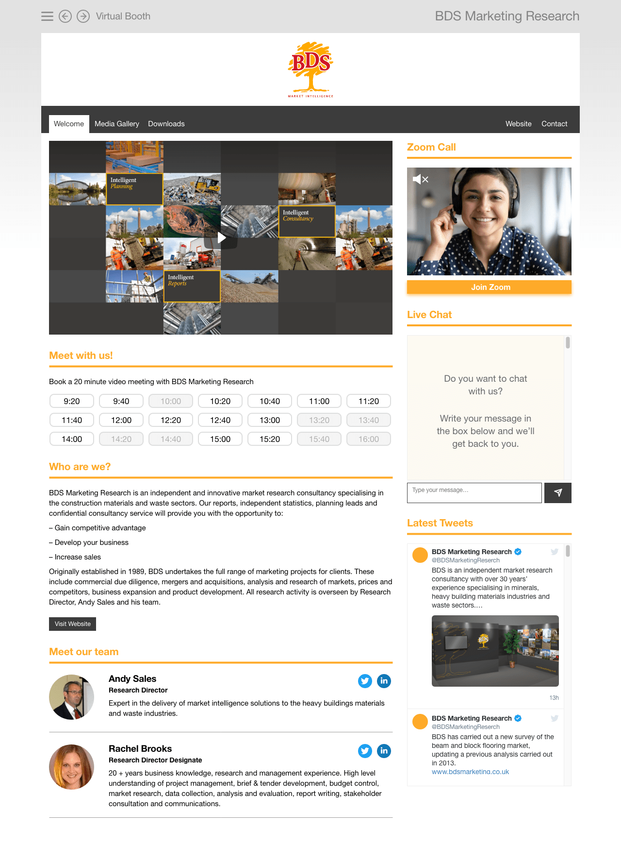 Hillhead digital exhibitor booth welcome page example with branded content, meeting slots, live chat and networking