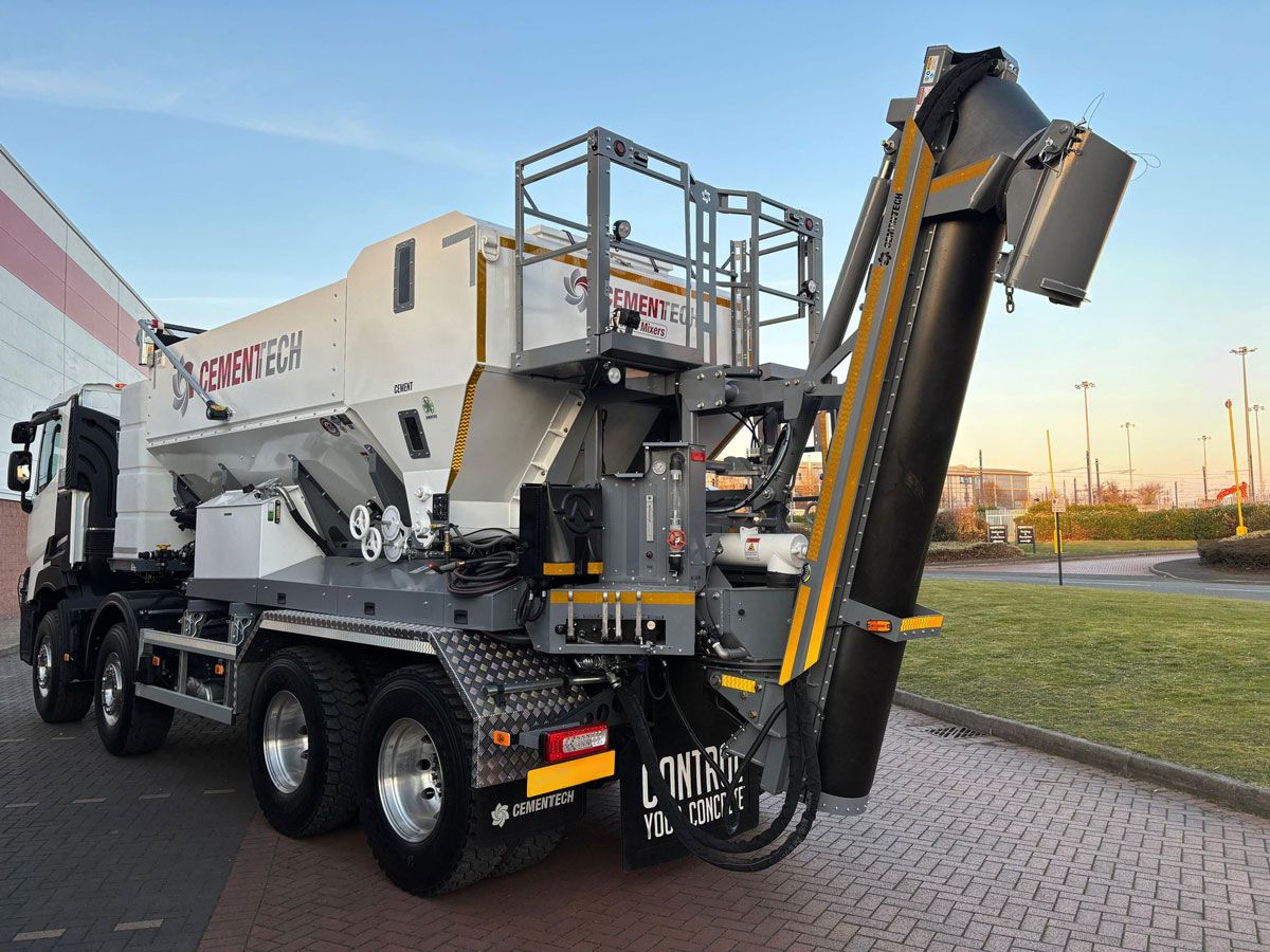 Cemen Tech MS2 volumetric concrete mixer mounted on a truck chassis, featuring manual controls and AP-Touch panel
