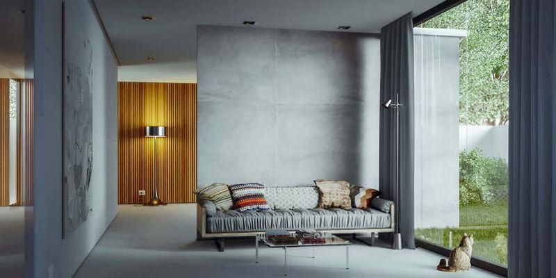 A beautiful, contemporary domestic interior with concrete walling